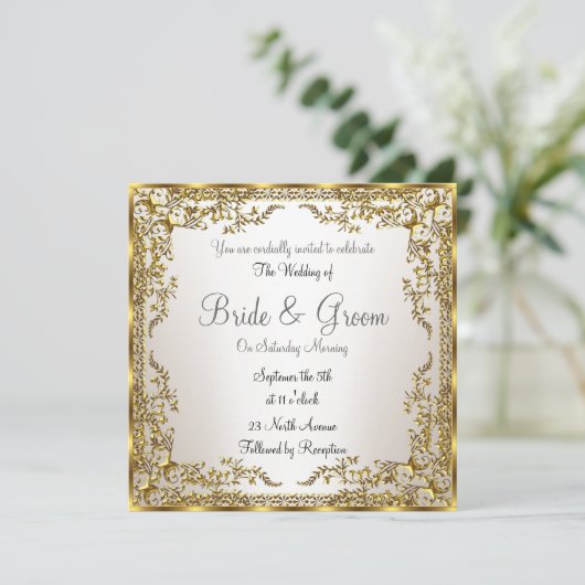 Unieke en elegante gouden sepia trouwuitnodiging kaart (Staand voorkant)