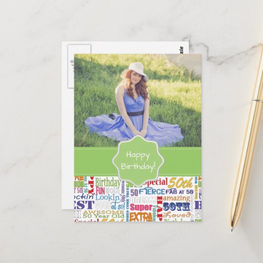 Unieke en speciale 50e verjaardag feestartikelen briefkaart (Voorkant / Achterkant in situ)