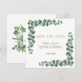 Unieke Eucalyptus Foliage Gold Quinceañera Save The Date (Voorkant / Achterkant)