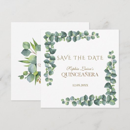 Unieke Eucalyptus Foliage Gold Quinceañera Save The Date (Voorkant / Achterkant)