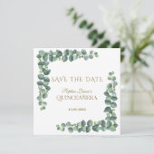Unieke Eucalyptus Foliage Gold Quinceañera Save The Date (Staand voorkant)