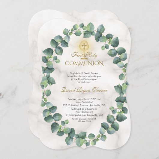 Unieke Eucalyptus Krans Gouden Kruis Heilige Commu Kaart (Voorkant / Achterkant)