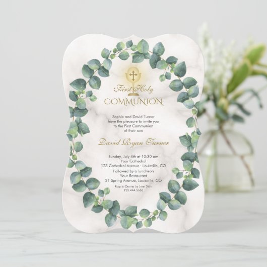 Unieke Eucalyptus Krans Gouden Kruis Heilige Commu Kaart (Staand voorkant)