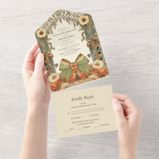 Unieke  Floral Art Nouveau bruiloft All In One Uitnodiging (Afscheurbaar)