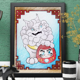 Unieke Foo Dog Art & Daruma Doll Grote kleuren Poster