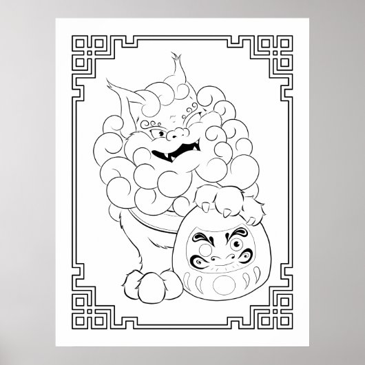 Unieke Foo Dog Art & Daruma Doll Grote kleuren Poster (Voorkant)
