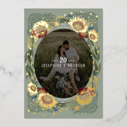 Unieke foto van kettingbloemen waarop de datum Gol Folie Uitnodiging (Voorkant)