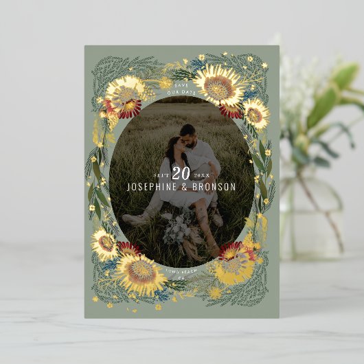 Unieke foto van kettingbloemen waarop de datum Gol Folie Uitnodiging (Staand Voorkant)