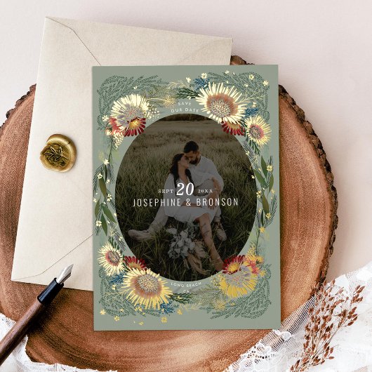 Unieke foto van kettingbloemen waarop de datum Gol Folie Uitnodiging