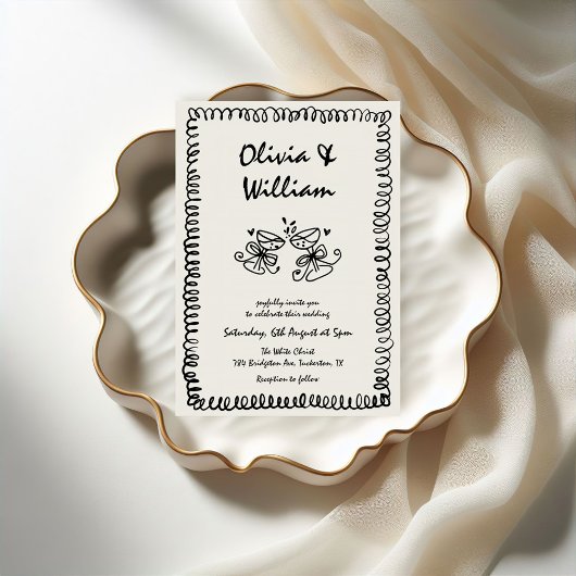 Unieke Gekke Handgetekende Retro Bruiloft Kaart