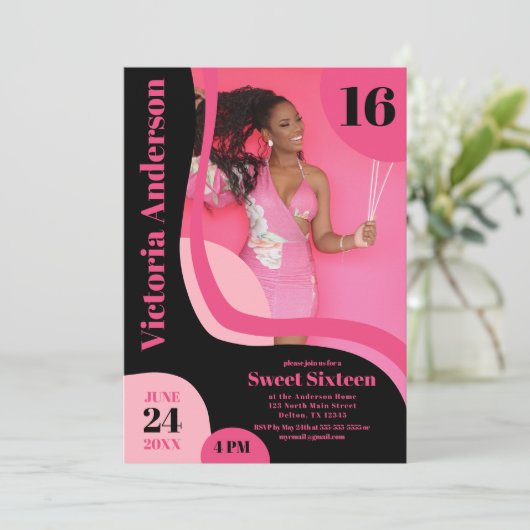 Unieke Geometrische roze zwart Vier Foto Sweet 16 Kaart (Staand voorkant)