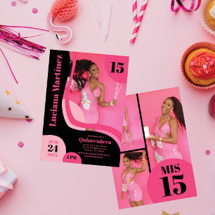 Unieke Geometrische Roze Zwarte Vier Foto Quinceañ Kaart