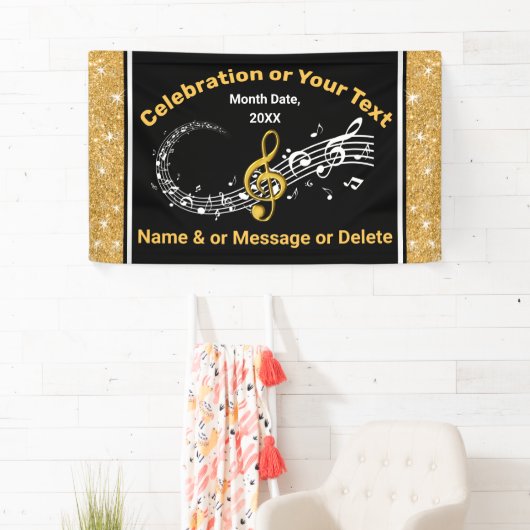 Unieke gepersonaliseerde Muzieknoten banner zwart, (Insitu)