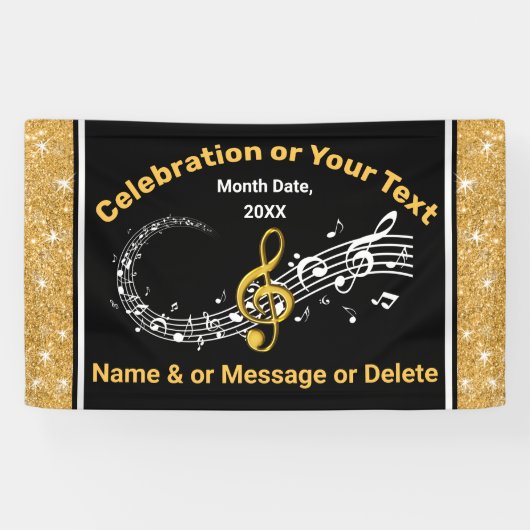 Unieke gepersonaliseerde Muzieknoten banner zwart, (Horizontaal)