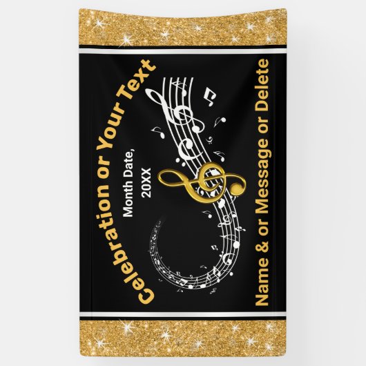 Unieke gepersonaliseerde Muzieknoten banner zwart, (Verticaal)