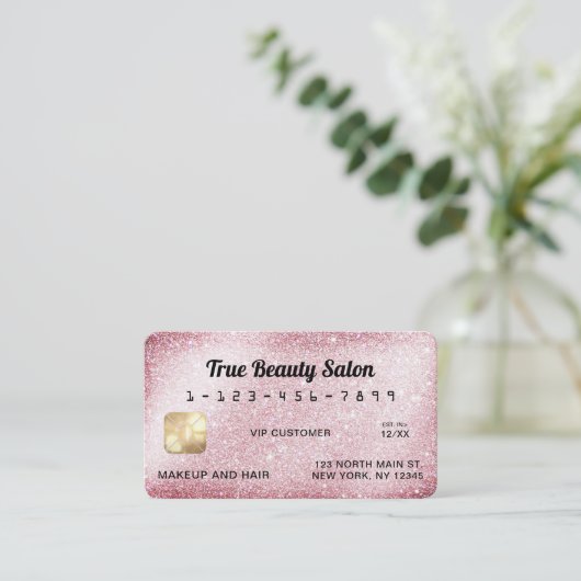 Unieke glinsterende roze glitters creditcard visitekaartje (Staand voorkant)