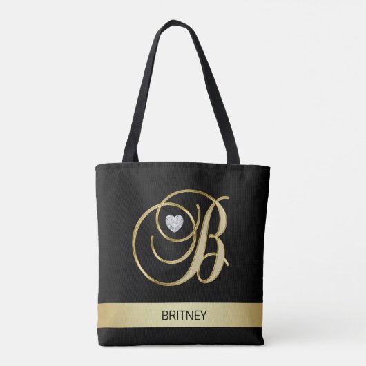 Unieke Gold Black Monogramed Letter-Initialen B Tote Bag (Achterkant)