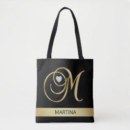 Unieke Gold Black Monogramed Letter-Initialen M Tote Bag