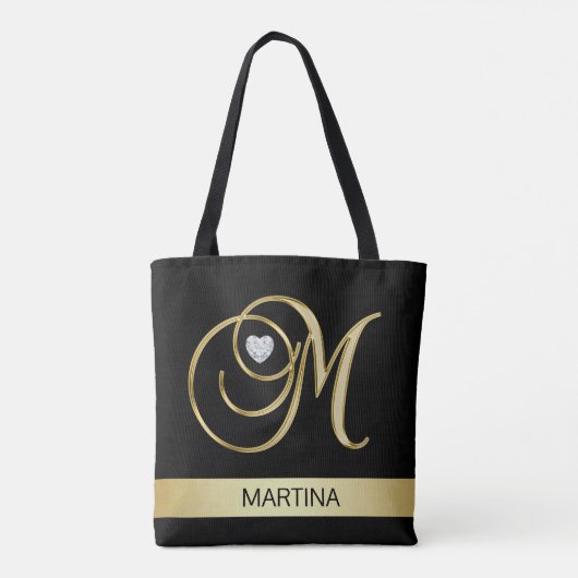 Unieke Gold Black Monogramed Letter-Initialen M Tote Bag (Achterkant)