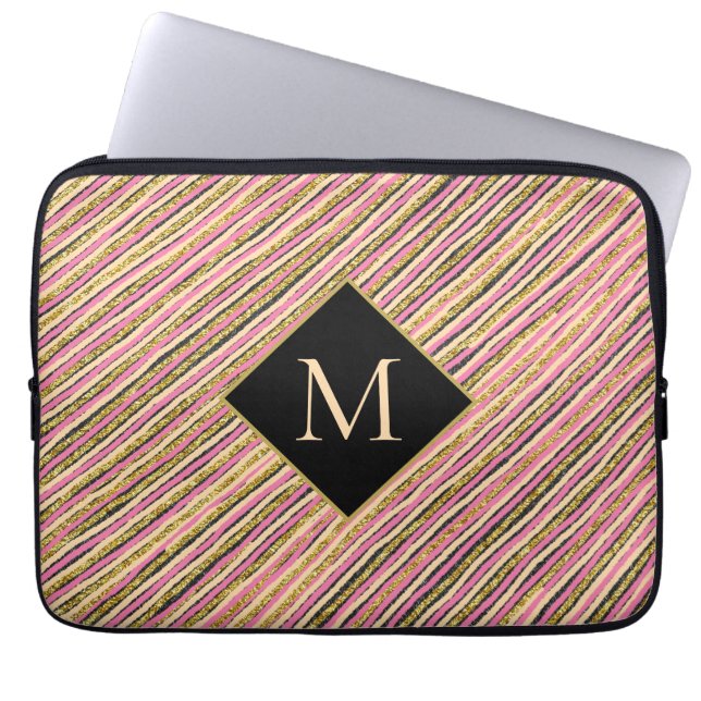 Unieke Gold Glitter Stripes Monogram Laptop Sleeve (Voorkant)