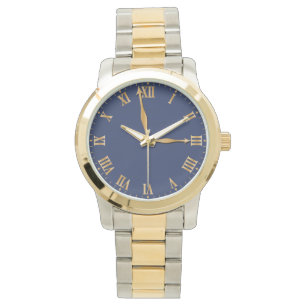 Unieke Gold Roman-cijferaanduiding op blauwe achte Horloge