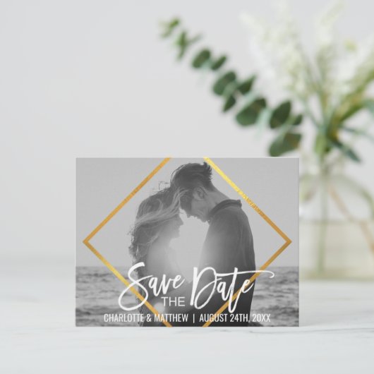 Unieke Gold Script Weduwen BEWAREN DATUM MET FOTO Aankondigingskaart (Staand voorkant)