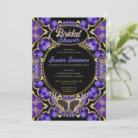 Unieke gotische glamour paarse gouden bruidsdouche kaart (Staand voorkant)