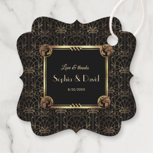Unieke Goud Zwarte Great Gatsby Art Deco Bruiloft Bedankjes Labels (Achterkant)