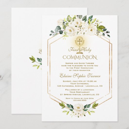 Unieke gouden witte bloemen Eerste Heilige Communi Kaart (Voorkant / Achterkant)
