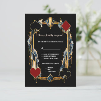 Unieke Gouden Zwarte Art Deco Casino Nacht Bruilof RSVP Kaartje