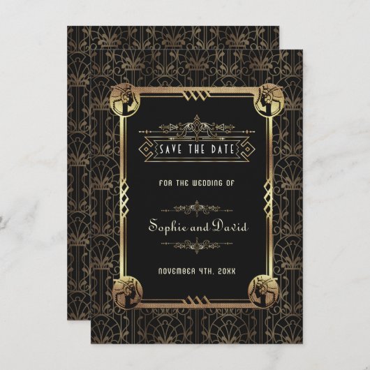 Unieke gouden zwarte Great Gatsby Art Deco bruilof Save The Date (Voorkant / Achterkant)