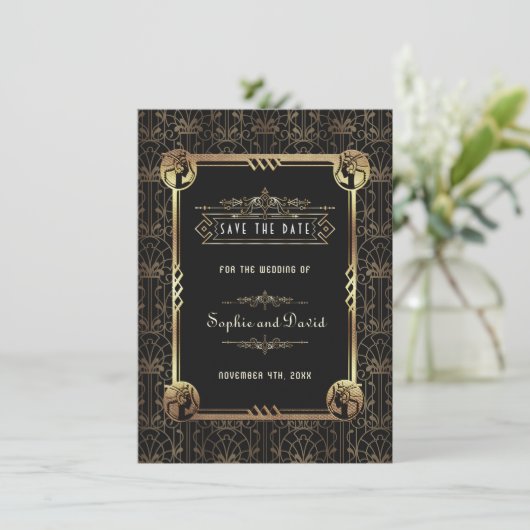 Unieke gouden zwarte Great Gatsby Art Deco bruilof Save The Date (Staand voorkant)