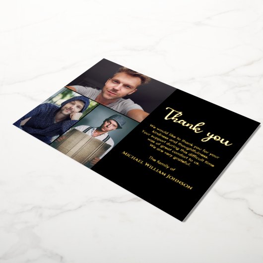 Unieke grafmonument 3 foto collage Zwart Goud Folie Uitnodiging (Gedraaid)