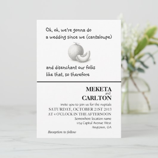 Unieke, grappige cantaloupe bruiloft uitnodiging (Staand voorkant)