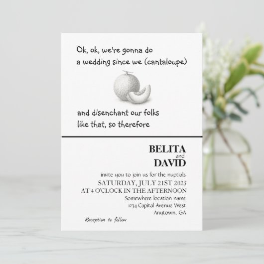 Unieke, grappige cantaloupe bruiloft uitnodiging (Staand voorkant)