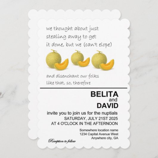 Unieke, grappige cantaloupe bruiloft uitnodiging (Voorkant / Achterkant)