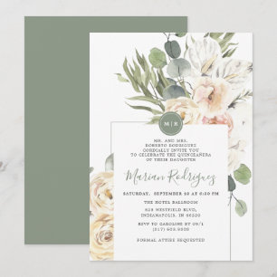 Unieke Gree Bloemige Eucalyptus Monogram Quinceañe Kaart