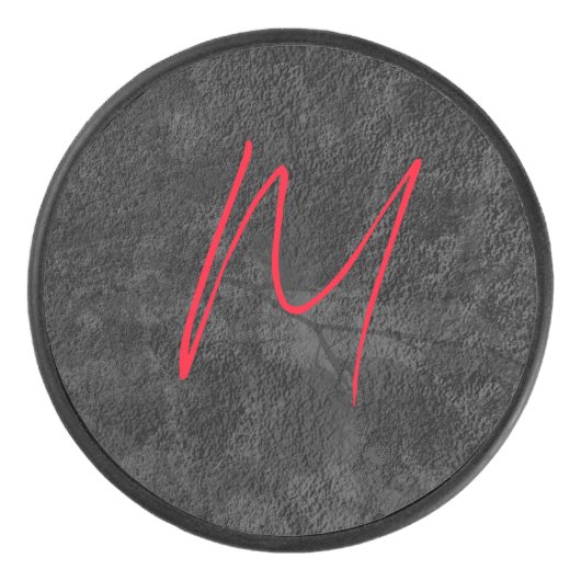 Unieke grijs rood monogram naam initiaal kalligraf hockey puck (Voorkant)