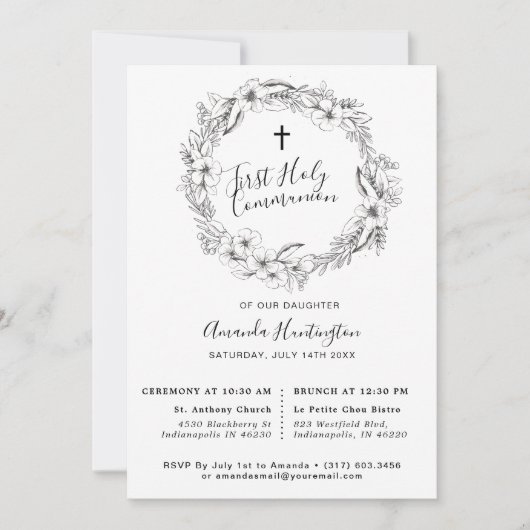 Unieke Grijze Bloemen Eerste Heilige Communie Kaart (Voorkant)