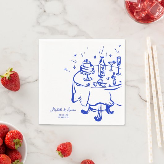 Unieke grillige blauwe hand getekende Franse boog Servet (Insitu)