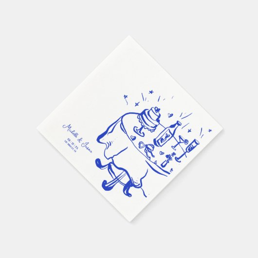 Unieke grillige blauwe hand getekende Franse boog  Servet (Hoek)