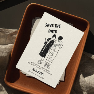 Unieke grillige eigenzinnige hand getrokken paar b save the date