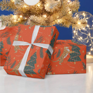 Unieke groene en rode kerstboom tijger cadeaupapier