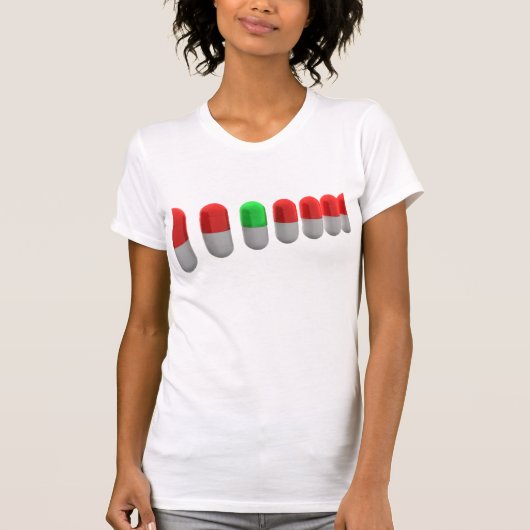 Unieke groene pil tussen rode capsules t-shirt (Voorkant)