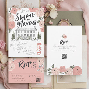 Unieke Hand getrokken Villa Dusty Roos Bloemen bru Kaart