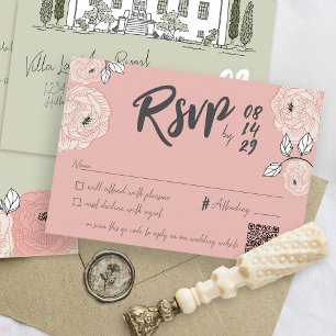 Unieke Hand Getrokken Villa Manor Roze Bloemen Huw RSVP Kaartje
