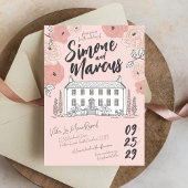 Unieke Hand Getrokken Villa Roze Bloemen Manor bru Kaart