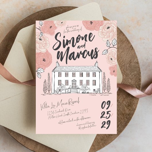 Unieke Hand Getrokken Villa Roze Bloemen Manor bru Kaart