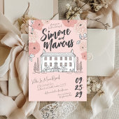 Unieke Hand Getrokken Villa Roze Bloemen Manor bru Kaart