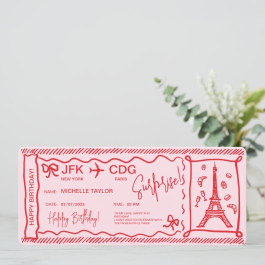 Unieke handgetekende Paris Surprise Boarding Pass Kaart (Staand voorkant)
